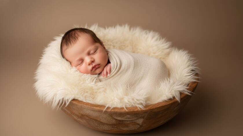 An 'epic moment' photograph capturing heartwarming newborn photography Hughesdale Victoria, featuring a peacefully sleeping baby swaddled in soft cream fabric, illuminated by a gentle, dramatic light from a window in a rustic Hughesdale home, showcasing tiny details like fingers and toes with artistic bokeh.