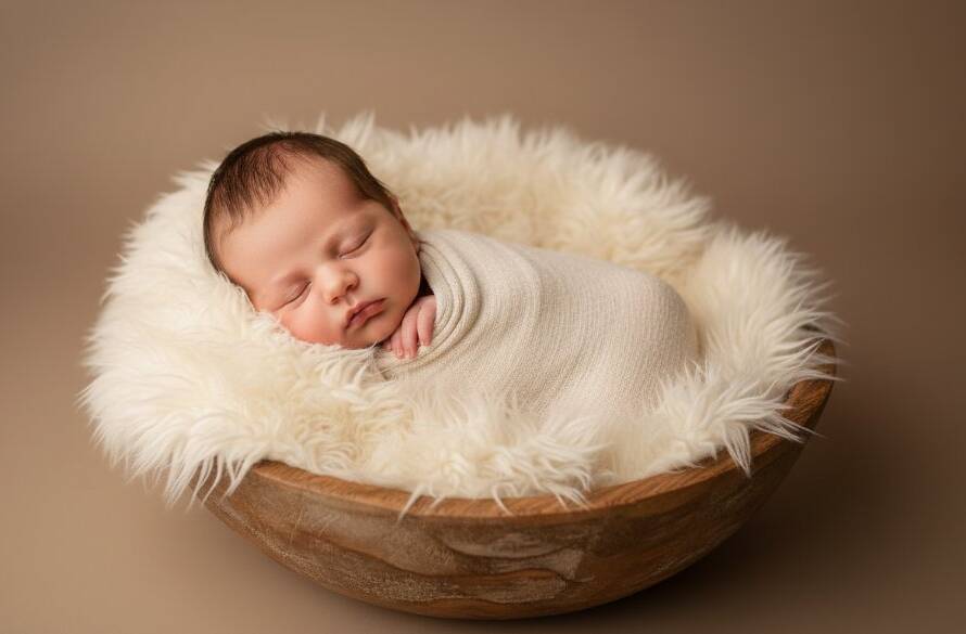 An 'epic moment' photograph capturing heartwarming newborn photography Hughesdale Victoria, featuring a peacefully sleeping baby swaddled in soft cream fabric, illuminated by a gentle, dramatic light from a window in a rustic Hughesdale home, showcasing tiny details like fingers and toes with artistic bokeh.