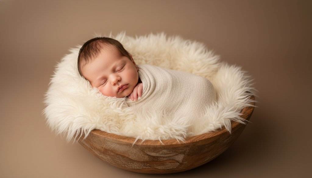 An 'epic moment' photograph capturing heartwarming newborn photography Hughesdale Victoria, featuring a peacefully sleeping baby swaddled in soft cream fabric, illuminated by a gentle, dramatic light from a window in a rustic Hughesdale home, showcasing tiny details like fingers and toes with artistic bokeh.