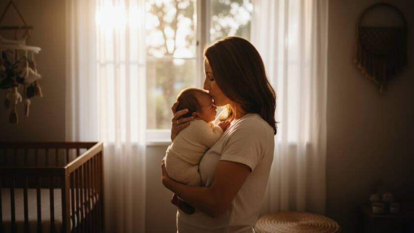 An intimate, heartwarming newborn photography Keilor family portrait, showing a mother gently cradling her sleeping baby on a soft blanket, bathed in warm, ethereal window light, captured with professional depth and colour grading.