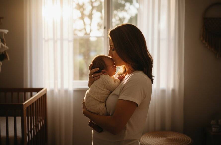 An intimate, heartwarming newborn photography Keilor family portrait, showing a mother gently cradling her sleeping baby on a soft blanket, bathed in warm, ethereal window light, captured with professional depth and colour grading.