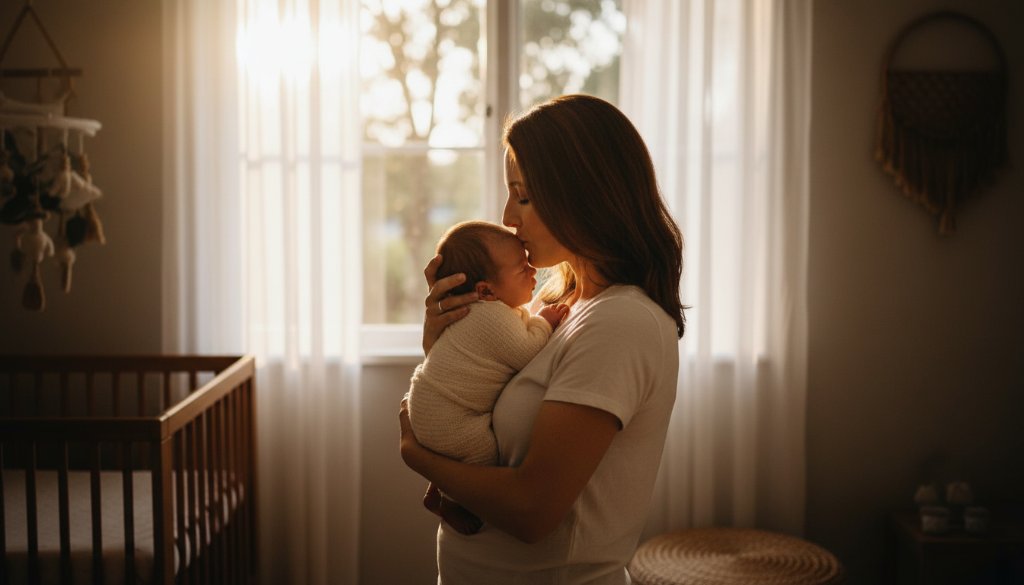 An intimate, heartwarming newborn photography Keilor family portrait, showing a mother gently cradling her sleeping baby on a soft blanket, bathed in warm, ethereal window light, captured with professional depth and colour grading.