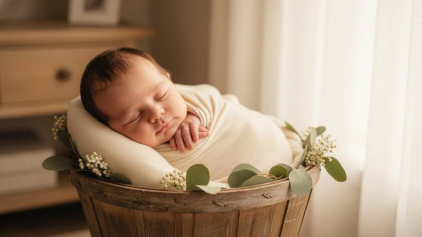 A stunning, professional, color-graded photograph capturing a heartwarming newborn photography moment in Keilor Park, showing a sleeping baby swaddled gently in a soft blanket, surrounded by delicate floral accents, with golden hour light illuminating the scene, representing the treasured memories for Keilor Park families.