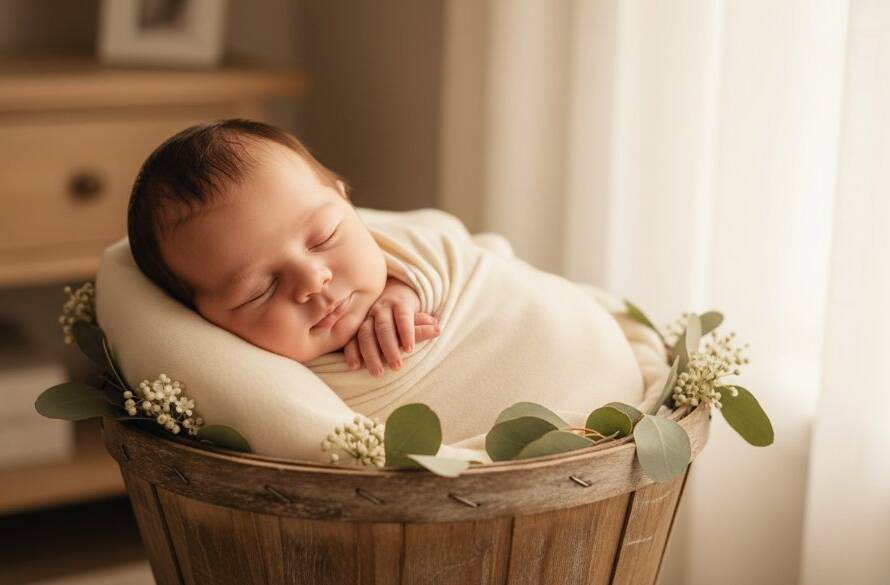 A stunning, professional, color-graded photograph capturing a heartwarming newborn photography moment in Keilor Park, showing a sleeping baby swaddled gently in a soft blanket, surrounded by delicate floral accents, with golden hour light illuminating the scene, representing the treasured memories for Keilor Park families.