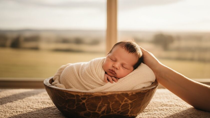 A tender, close-up shot of a sleeping baby swaddled in soft, natural fabric, bathed in warm, ethereal light from a window, highlighting tiny fingers clutching a parent's thumb, representing heartwarming newborn photography Kialla Victoria.