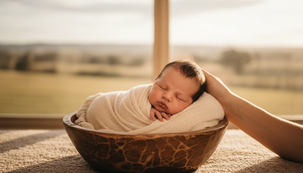 A tender, close-up shot of a sleeping baby swaddled in soft, natural fabric, bathed in warm, ethereal light from a window, highlighting tiny fingers clutching a parent's thumb, representing heartwarming newborn photography Kialla Victoria.