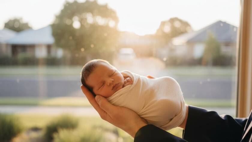 An epic, heartwarming newborn photography Laverton family moment showing a baby swaddled in soft light, gently held by parents, with a subtle, artistic blur of a local Laverton park in the background, bathed in golden hour glow, capturing love and serenity.