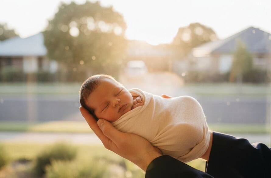 An epic, heartwarming newborn photography Laverton family moment showing a baby swaddled in soft light, gently held by parents, with a subtle, artistic blur of a local Laverton park in the background, bathed in golden hour glow, capturing love and serenity.