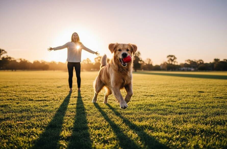 Heartwarming pet photography Albanvale Victoria: A golden retriever leaping joyfully through a sun-drenched field in Albanvale, Victoria, its owner laughing in the background, professional cinematic lighting, epic moment.