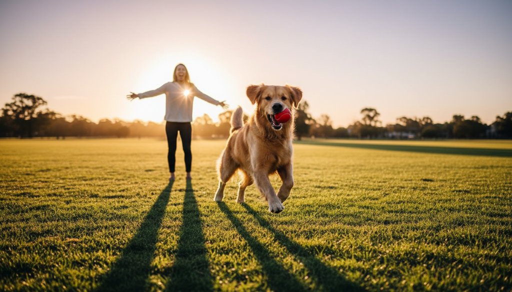 Heartwarming pet photography Albanvale Victoria: A golden retriever leaping joyfully through a sun-drenched field in Albanvale, Victoria, its owner laughing in the background, professional cinematic lighting, epic moment.