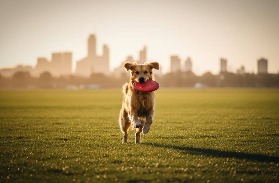 A heartwarming pet photography Altona North outdoor adventures image featuring a golden retriever joyfully leaping through tall, golden grass during sunset, with the industrial yet scenic backdrop of Altona North in the soft focus, capturing an epic moment of pure canine happiness.