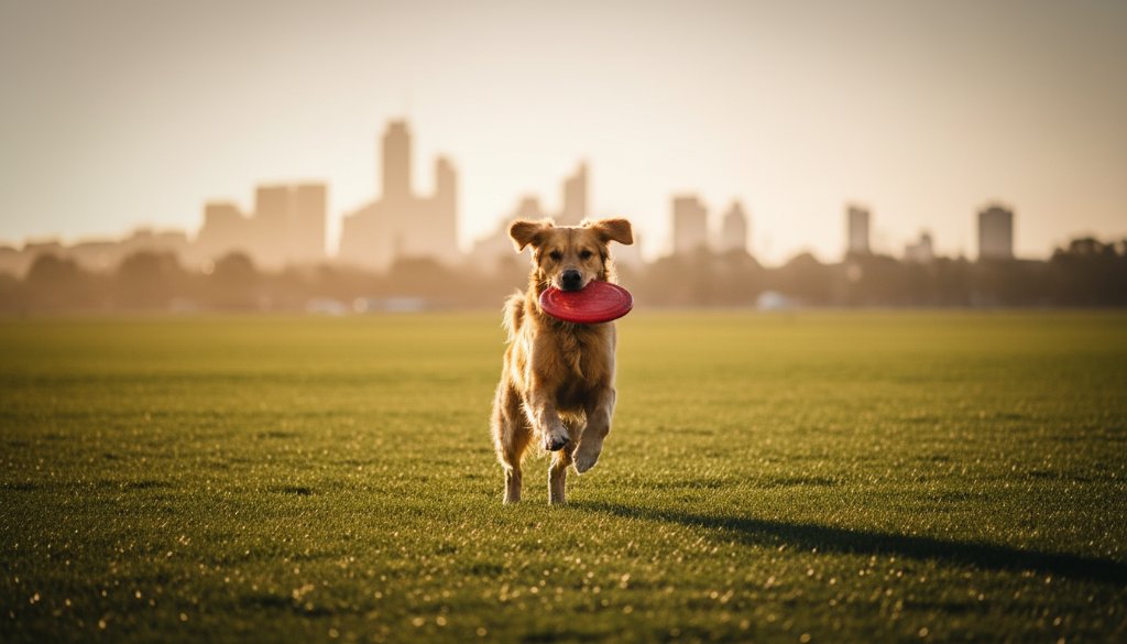 A heartwarming pet photography Altona North outdoor adventures image featuring a golden retriever joyfully leaping through tall, golden grass during sunset, with the industrial yet scenic backdrop of Altona North in the soft focus, capturing an epic moment of pure canine happiness.