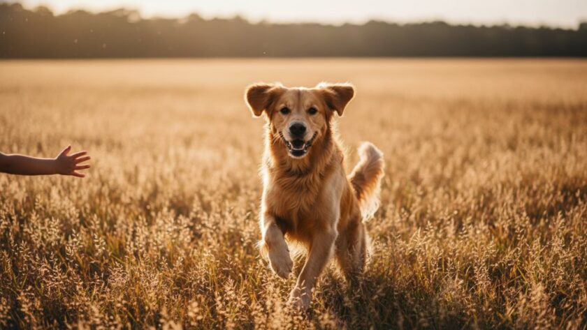 A heartwarming pet photography Brown Hill natural light portrait showing a golden retriever joyfully leaping through a sun-dappled field near the Brown Hill historic reserve, a child's hand gently reaching out, captured with dramatic backlighting and a soft, cinematic colour grade.