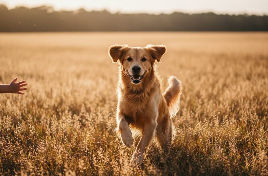 A heartwarming pet photography Brown Hill natural light portrait showing a golden retriever joyfully leaping through a sun-dappled field near the Brown Hill historic reserve, a child's hand gently reaching out, captured with dramatic backlighting and a soft, cinematic colour grade.
