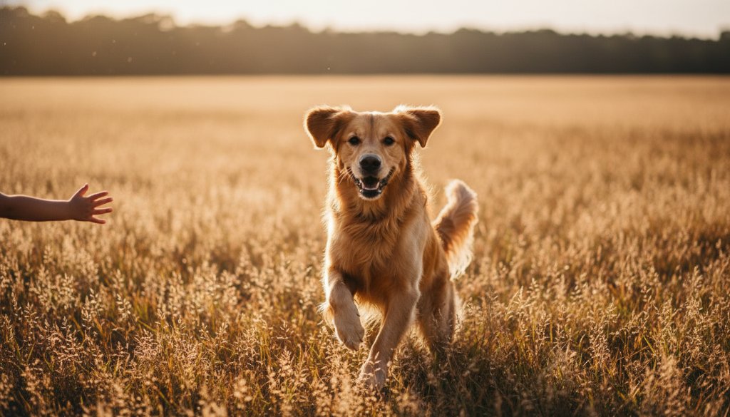 A heartwarming pet photography Brown Hill natural light portrait showing a golden retriever joyfully leaping through a sun-dappled field near the Brown Hill historic reserve, a child's hand gently reaching out, captured with dramatic backlighting and a soft, cinematic colour grade.