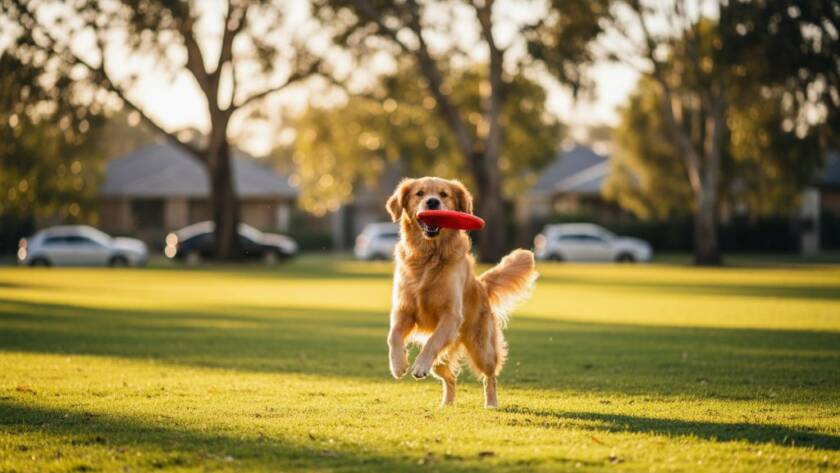 A joyful golden retriever mid-leap, catching a frisbee with a backdrop of a sun-drenched park in Burwood East, Victoria, embodying heartwarming pet photography Burwood East Victoria with dramatic lighting and professional colour grading.