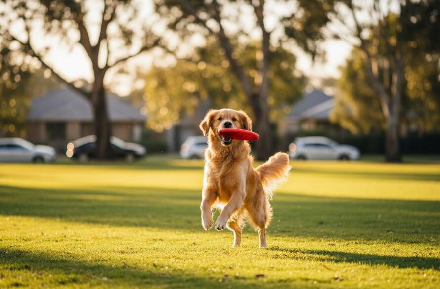 A joyful golden retriever mid-leap, catching a frisbee with a backdrop of a sun-drenched park in Burwood East, Victoria, embodying heartwarming pet photography Burwood East Victoria with dramatic lighting and professional colour grading.