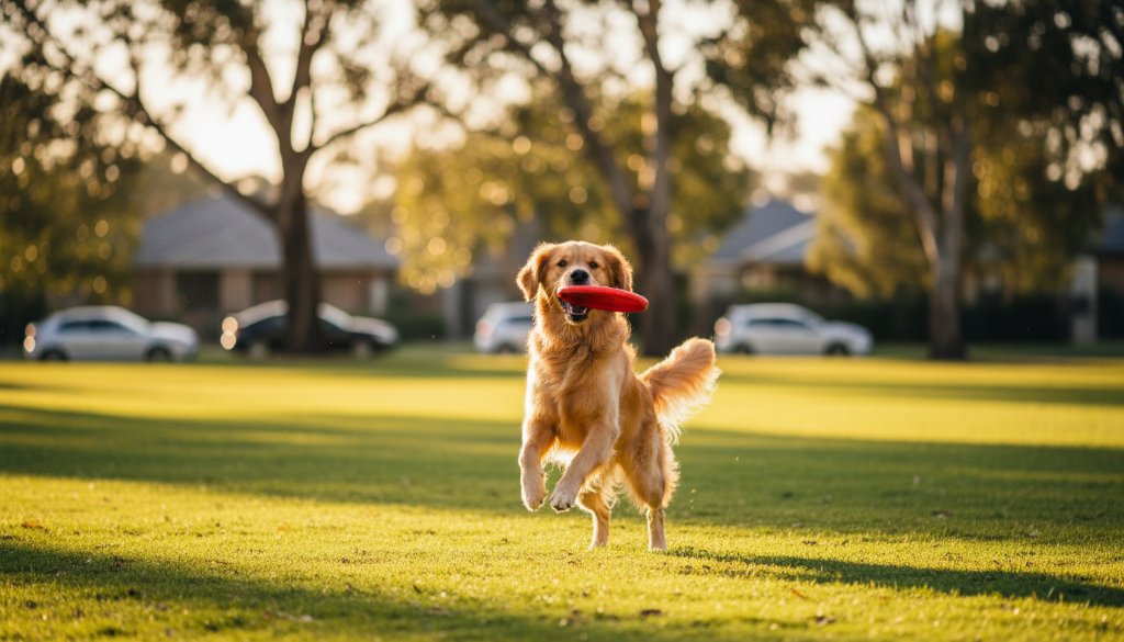 A joyful golden retriever mid-leap, catching a frisbee with a backdrop of a sun-drenched park in Burwood East, Victoria, embodying heartwarming pet photography Burwood East Victoria with dramatic lighting and professional colour grading.