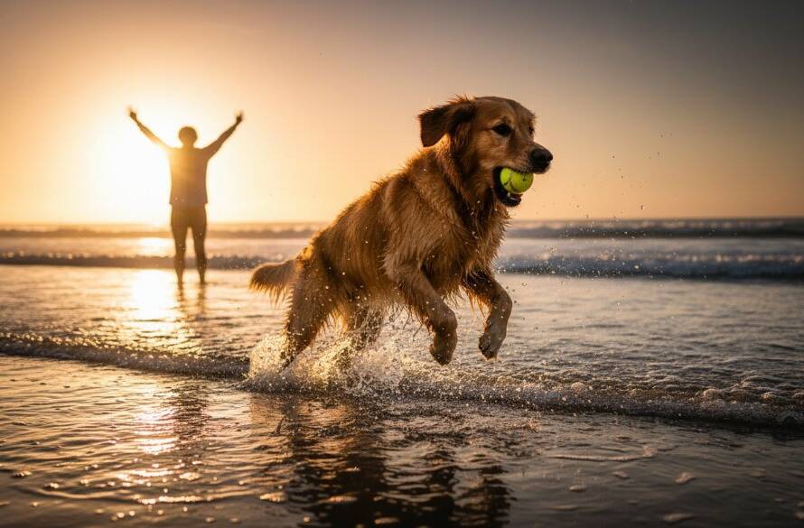 A heartwarming pet photography Carrum beach scene featuring a golden retriever joyfully running through shallow waves at sunset, with its owner silhouetted in the background, capturing an epic moment of connection and happiness.