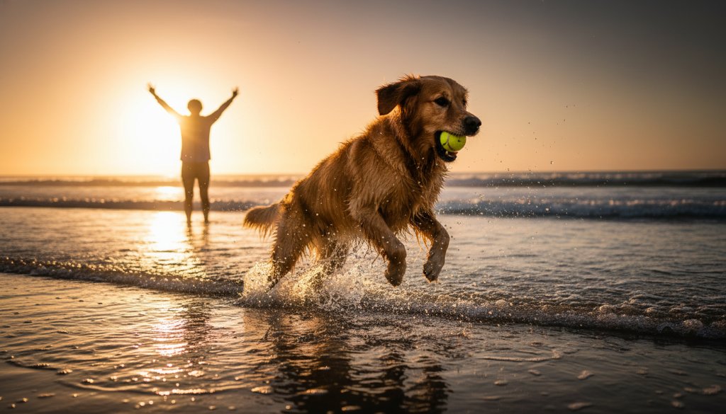 A heartwarming pet photography Carrum beach scene featuring a golden retriever joyfully running through shallow waves at sunset, with its owner silhouetted in the background, capturing an epic moment of connection and happiness.