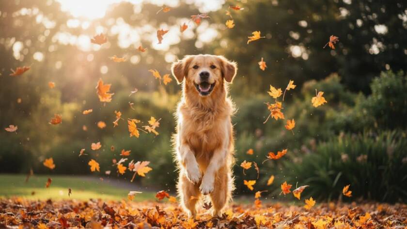 A heartwarming pet photography Croydon Hills Victoria moment featuring a golden retriever joyfully leaping through autumn leaves in a local park, late afternoon sun creating a golden halo, professional studio-quality portrait with dramatic lighting and colour grading.