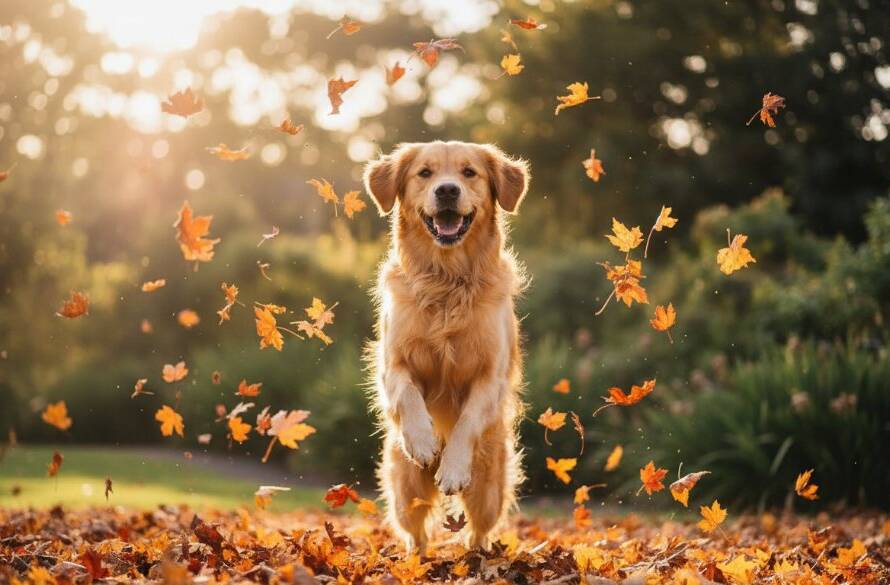 A heartwarming pet photography Croydon Hills Victoria moment featuring a golden retriever joyfully leaping through autumn leaves in a local park, late afternoon sun creating a golden halo, professional studio-quality portrait with dramatic lighting and colour grading.