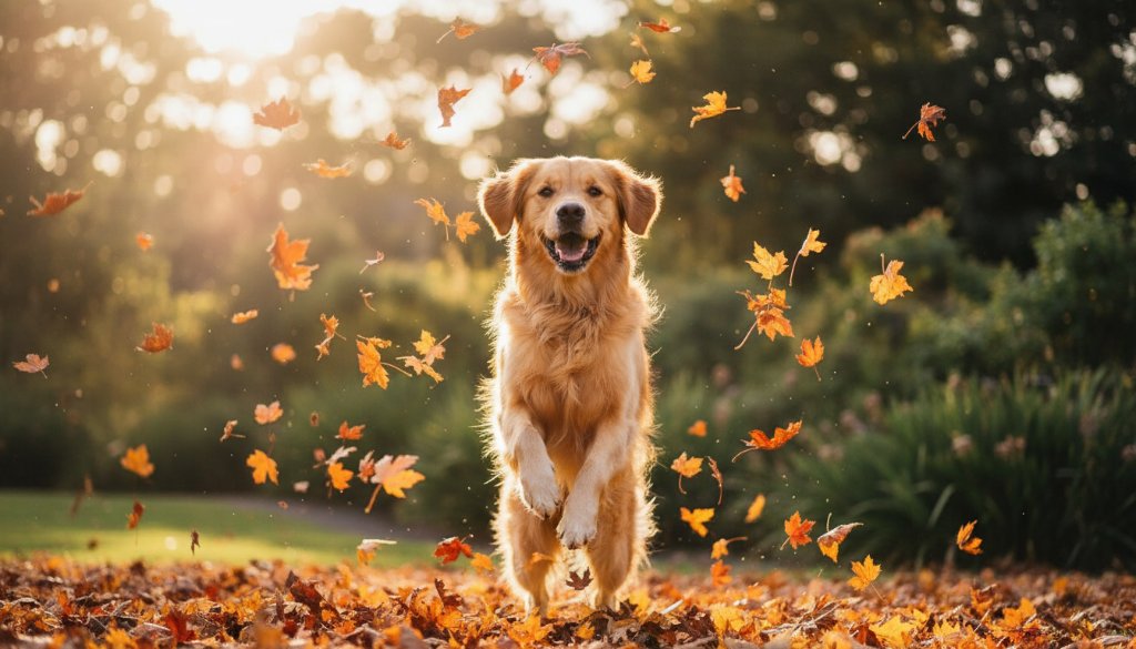 A heartwarming pet photography Croydon Hills Victoria moment featuring a golden retriever joyfully leaping through autumn leaves in a local park, late afternoon sun creating a golden halo, professional studio-quality portrait with dramatic lighting and colour grading.