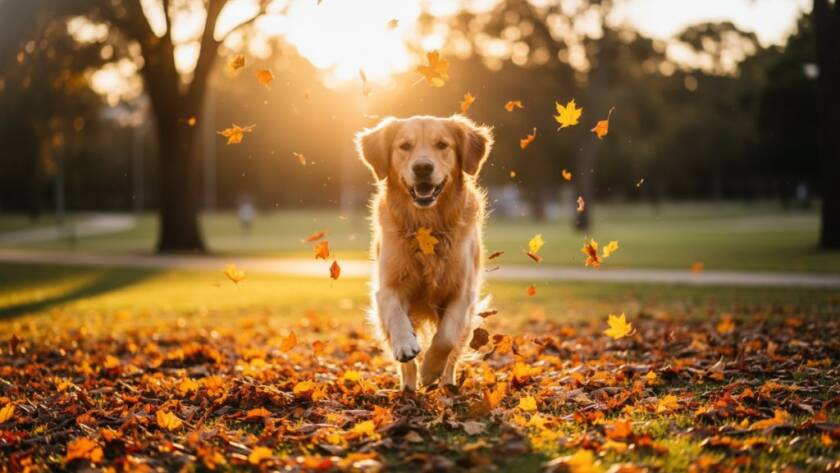 A joyful Golden Retriever mid-leap through vibrant autumn leaves in a sun-drenched Mount Waverley park, capturing a heartwarming pet photography experience Mount Waverley with golden hour light.