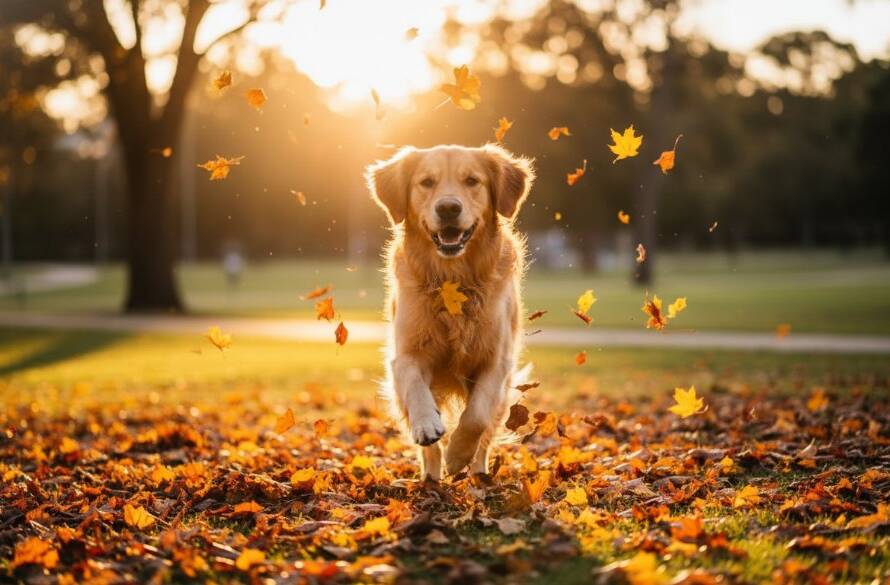 A joyful Golden Retriever mid-leap through vibrant autumn leaves in a sun-drenched Mount Waverley park, capturing a heartwarming pet photography experience Mount Waverley with golden hour light.