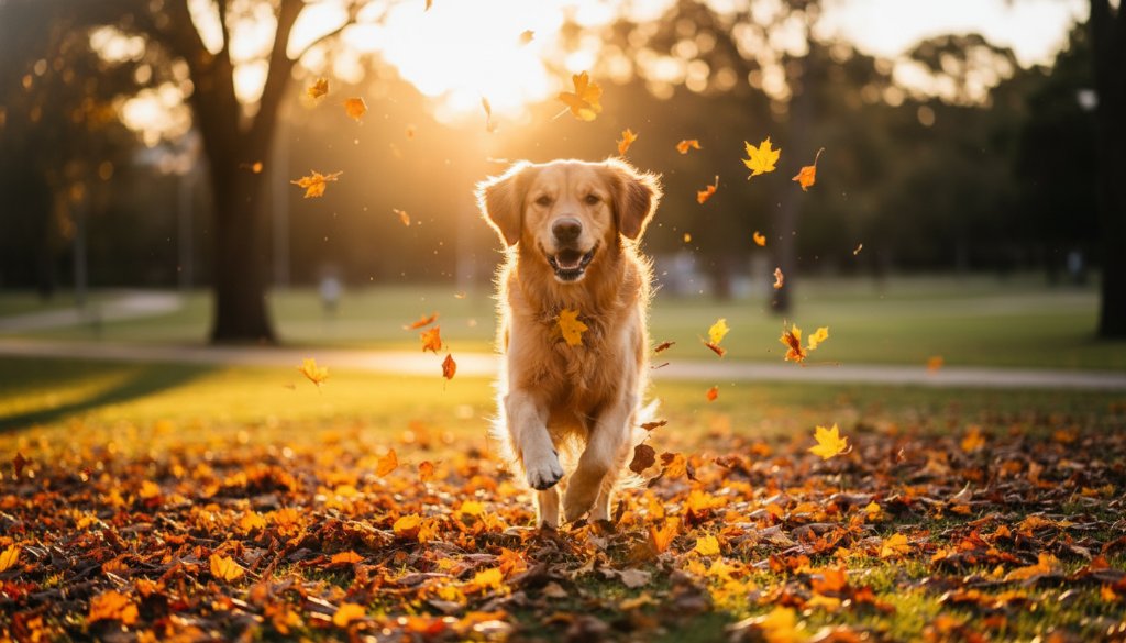 A joyful Golden Retriever mid-leap through vibrant autumn leaves in a sun-drenched Mount Waverley park, capturing a heartwarming pet photography experience Mount Waverley with golden hour light.