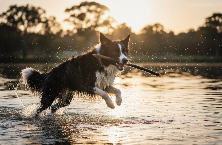 A heartwarming pet photography Maryborough Victoria scene: a golden retriever joyfully leaping through a sun-drenched field near Lake Victoria, its fur glowing, capturing a pure moment of happiness and freedom.
