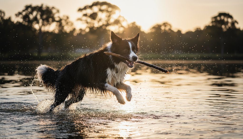 A heartwarming pet photography Maryborough Victoria scene: a golden retriever joyfully leaping through a sun-drenched field near Lake Victoria, its fur glowing, capturing a pure moment of happiness and freedom.