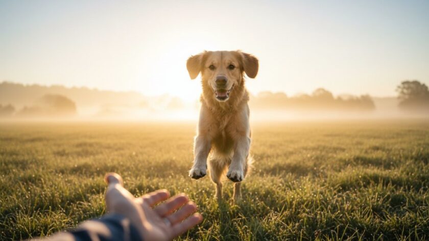 An emotional and heartwarming pet photography Moe Victoria image capturing a golden retriever joyfully leaping through a sun-drenched, misty morning field near Moe, its owner's hand gently reaching out, creating an epic moment of connection and pure bliss.