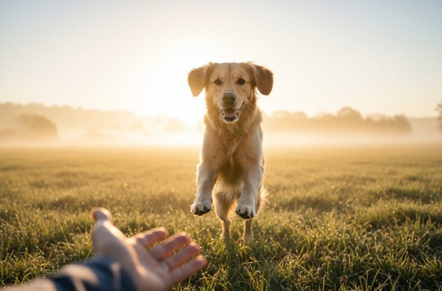 An emotional and heartwarming pet photography Moe Victoria image capturing a golden retriever joyfully leaping through a sun-drenched, misty morning field near Moe, its owner's hand gently reaching out, creating an epic moment of connection and pure bliss.