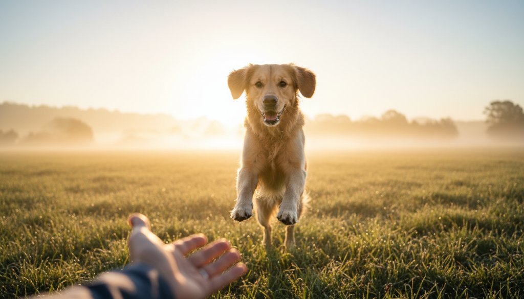 An emotional and heartwarming pet photography Moe Victoria image capturing a golden retriever joyfully leaping through a sun-drenched, misty morning field near Moe, its owner's hand gently reaching out, creating an epic moment of connection and pure bliss.