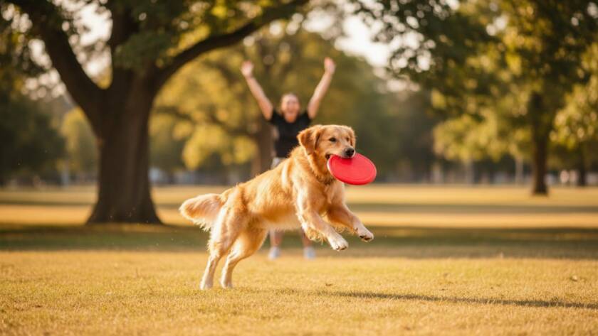A heartwarming pet photography Ormond Victoria image showing a golden retriever mid-leap, joyfully catching a frisbee in the golden hour light at Princes Park, Ormond, with its owner cheering on in the background, professional and vibrant.