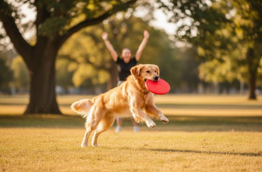 A heartwarming pet photography Ormond Victoria image showing a golden retriever mid-leap, joyfully catching a frisbee in the golden hour light at Princes Park, Ormond, with its owner cheering on in the background, professional and vibrant.