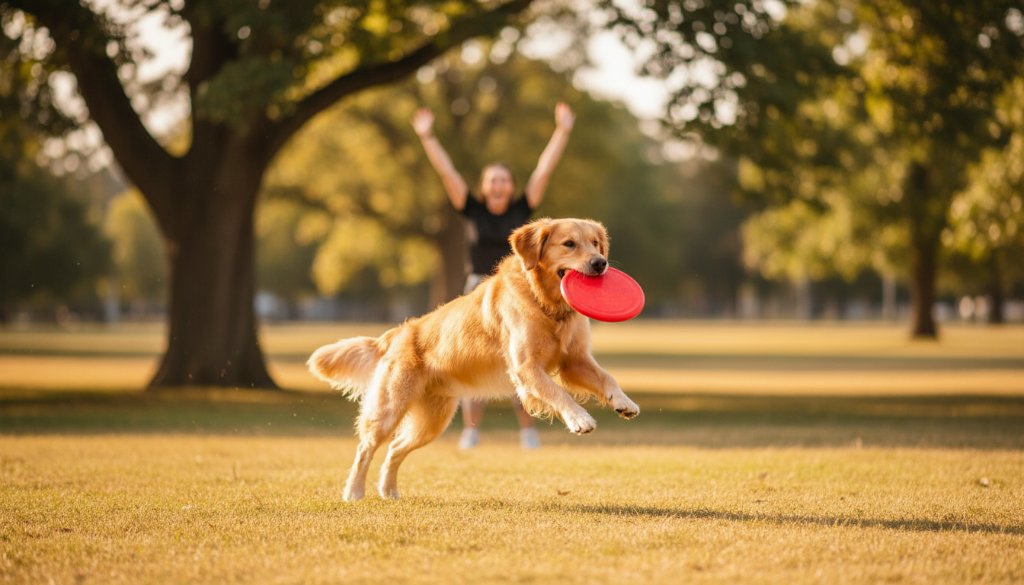 A heartwarming pet photography Ormond Victoria image showing a golden retriever mid-leap, joyfully catching a frisbee in the golden hour light at Princes Park, Ormond, with its owner cheering on in the background, professional and vibrant.