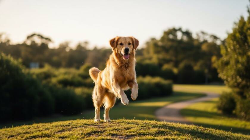 A heartwarming pet photography Vermont South moment: a golden retriever joyfully leaping through autumn leaves in a park, sunlight catching its fur, with a blurred background of local Vermont South parkland.