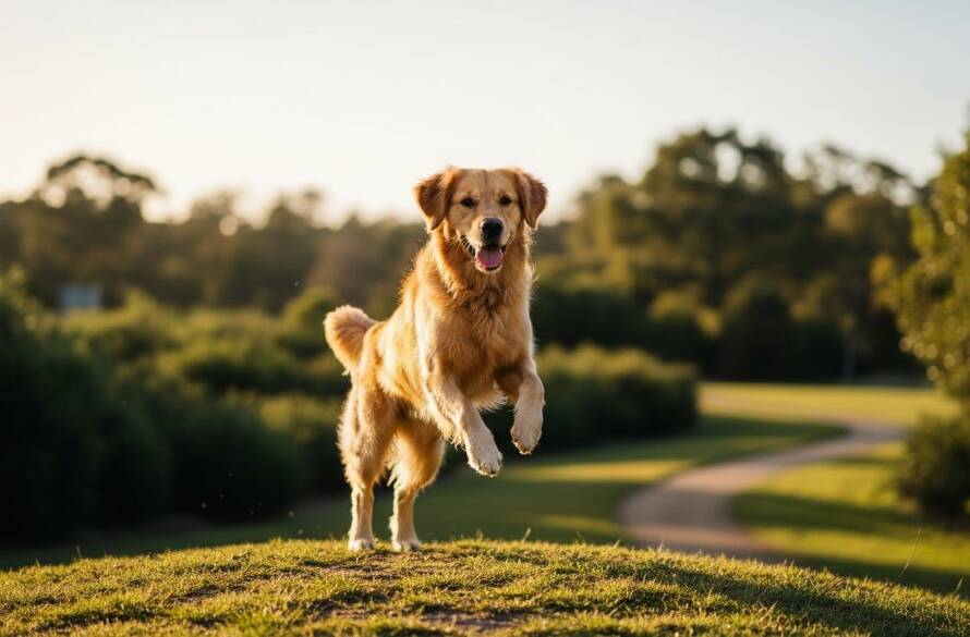 A heartwarming pet photography Vermont South moment: a golden retriever joyfully leaping through autumn leaves in a park, sunlight catching its fur, with a blurred background of local Vermont South parkland.