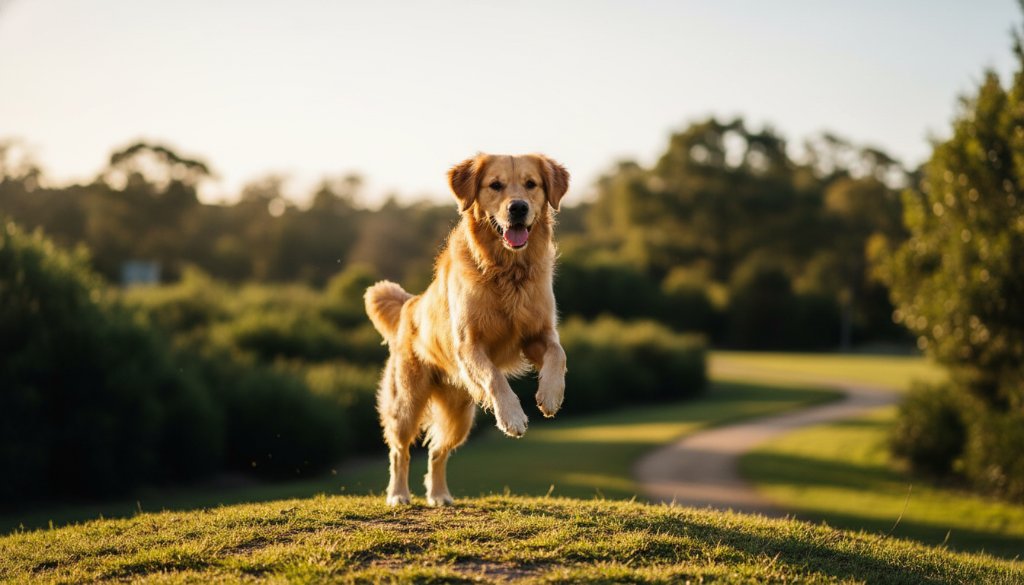 A heartwarming pet photography Vermont South moment: a golden retriever joyfully leaping through autumn leaves in a park, sunlight catching its fur, with a blurred background of local Vermont South parkland.