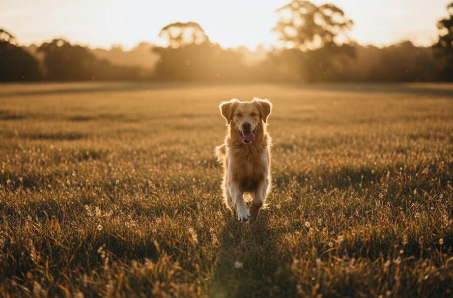 A golden retriever joyfully leaping through a sun-dappled meadow at sunset, a perfect heartwarming pet photography Waurn Ponds nature trails moment, captured with professional lighting and vibrant colours.