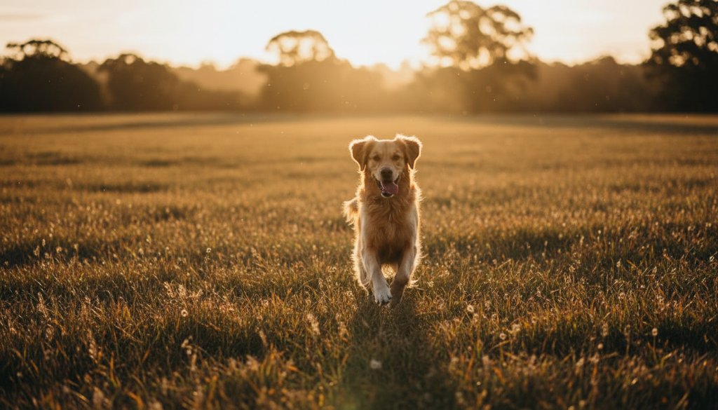 A golden retriever joyfully leaping through a sun-dappled meadow at sunset, a perfect heartwarming pet photography Waurn Ponds nature trails moment, captured with professional lighting and vibrant colours.