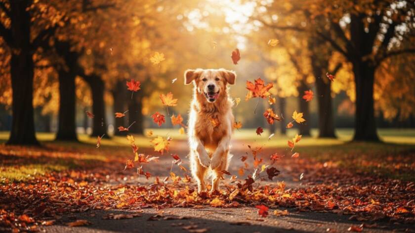 An 'epic moment' photograph capturing heartwarming pet portraits Carnegie Victoria, featuring a golden retriever joyfully leaping through autumn leaves in a Carnegie park, bathed in golden hour sunlight, with vibrant colours and a sense of pure delight.