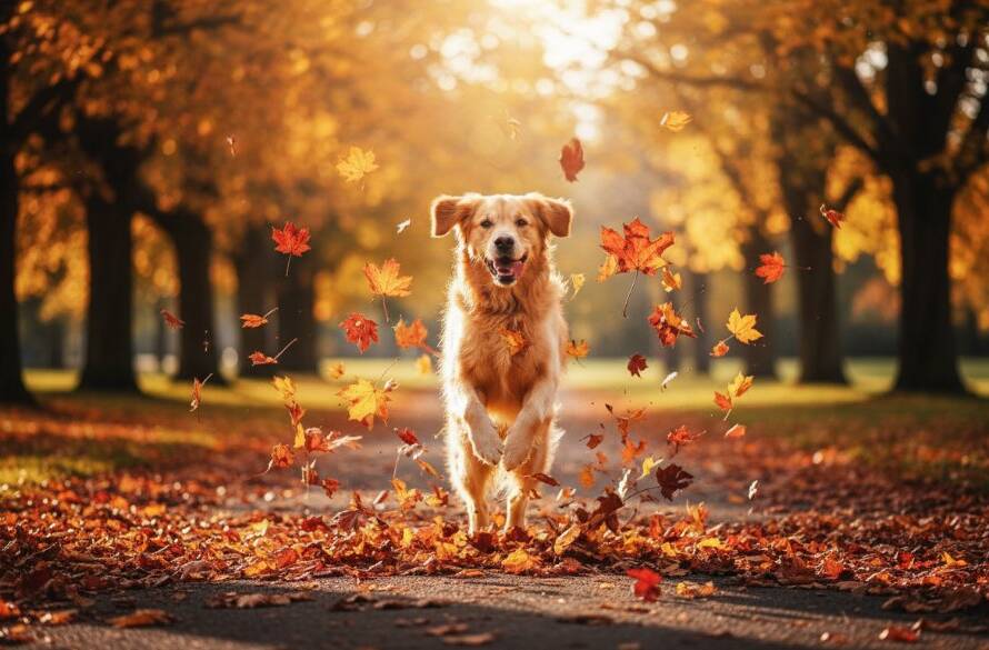 An 'epic moment' photograph capturing heartwarming pet portraits Carnegie Victoria, featuring a golden retriever joyfully leaping through autumn leaves in a Carnegie park, bathed in golden hour sunlight, with vibrant colours and a sense of pure delight.