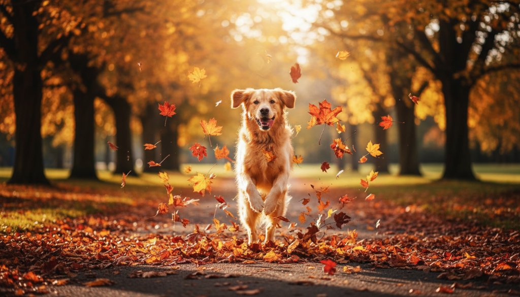 An 'epic moment' photograph capturing heartwarming pet portraits Carnegie Victoria, featuring a golden retriever joyfully leaping through autumn leaves in a Carnegie park, bathed in golden hour sunlight, with vibrant colours and a sense of pure delight.