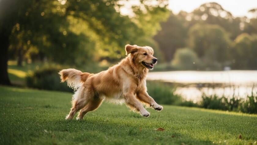 A heartwarming pet portrait in Ringwood, Victoria, featuring a golden retriever joyfully leaping through golden sunlight amidst native Australian parkland, capturing an epic moment of pure happiness and movement, professionally photographed with dramatic lighting and vibrant colours.