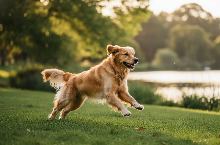 A heartwarming pet portrait in Ringwood, Victoria, featuring a golden retriever joyfully leaping through golden sunlight amidst native Australian parkland, capturing an epic moment of pure happiness and movement, professionally photographed with dramatic lighting and vibrant colours.