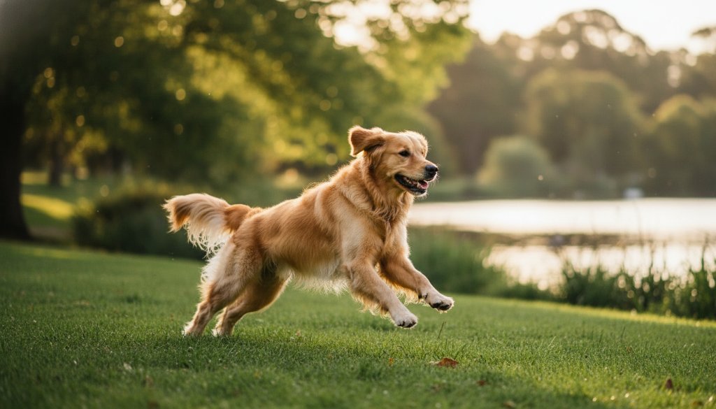 A heartwarming pet portrait in Ringwood, Victoria, featuring a golden retriever joyfully leaping through golden sunlight amidst native Australian parkland, capturing an epic moment of pure happiness and movement, professionally photographed with dramatic lighting and vibrant colours.