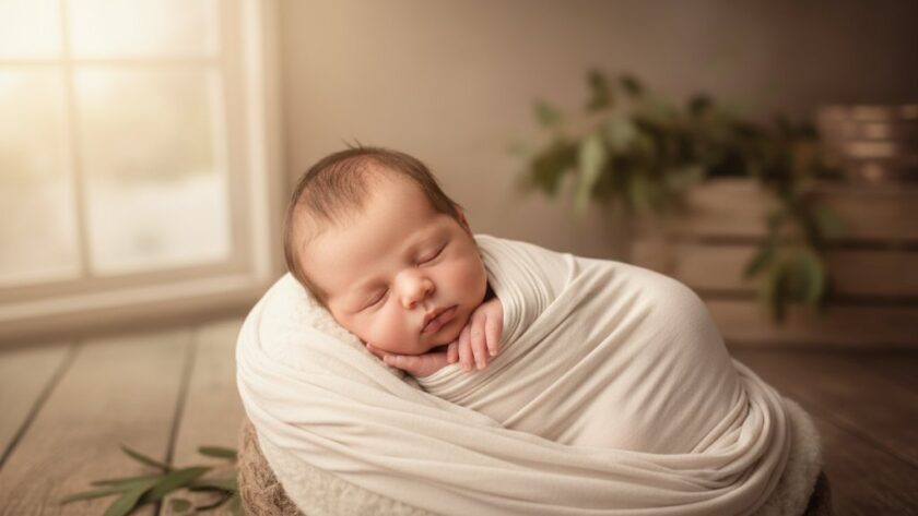 A serene, heartwarming Wodonga newborn photography unique heirloom portraits style image featuring a sleeping baby wrapped in a soft blanket, cradled in a natural wooden bowl amidst ethereal light, captured in a rustic Wodonga studio setting.